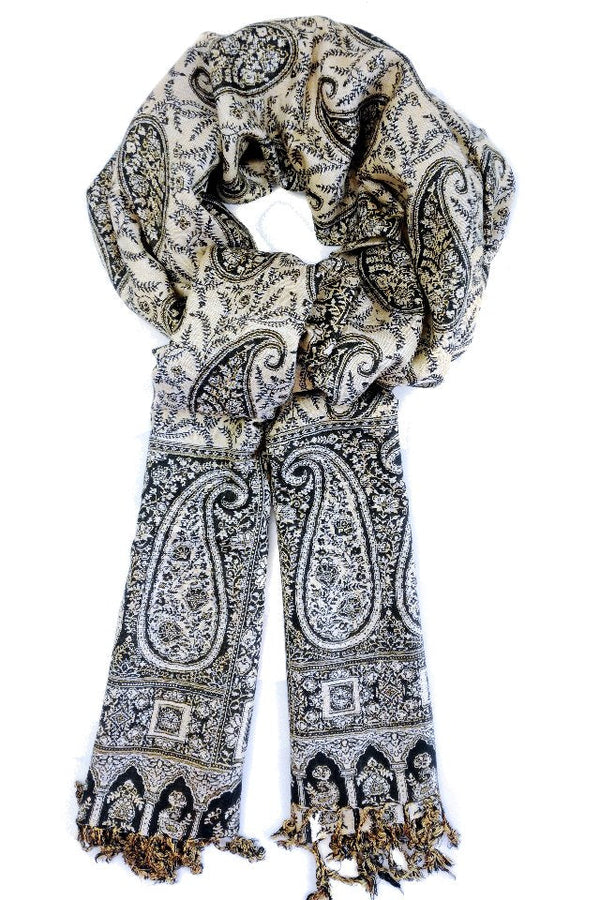 Eșarfă Cașmir reversibilă Paisley India, bej-negru