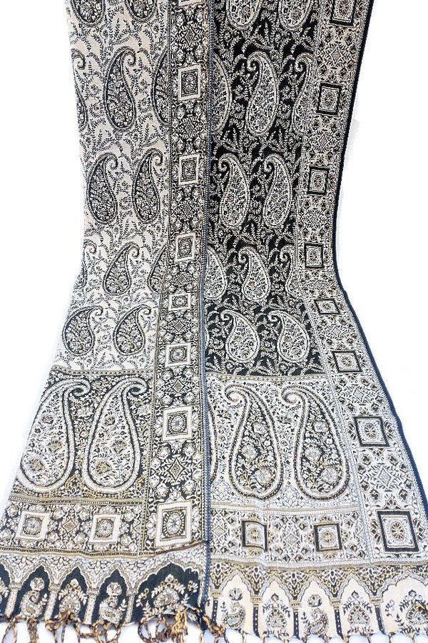 Eșarfă Cașmir reversibilă Paisley India, bej-negru