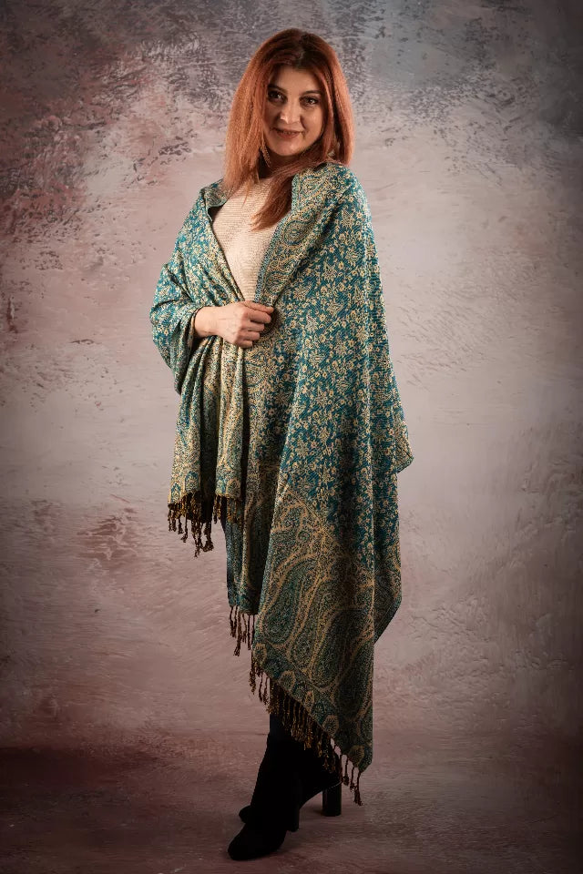 Eșarfă Cașmir reversibilă Paisley India, verde-bej