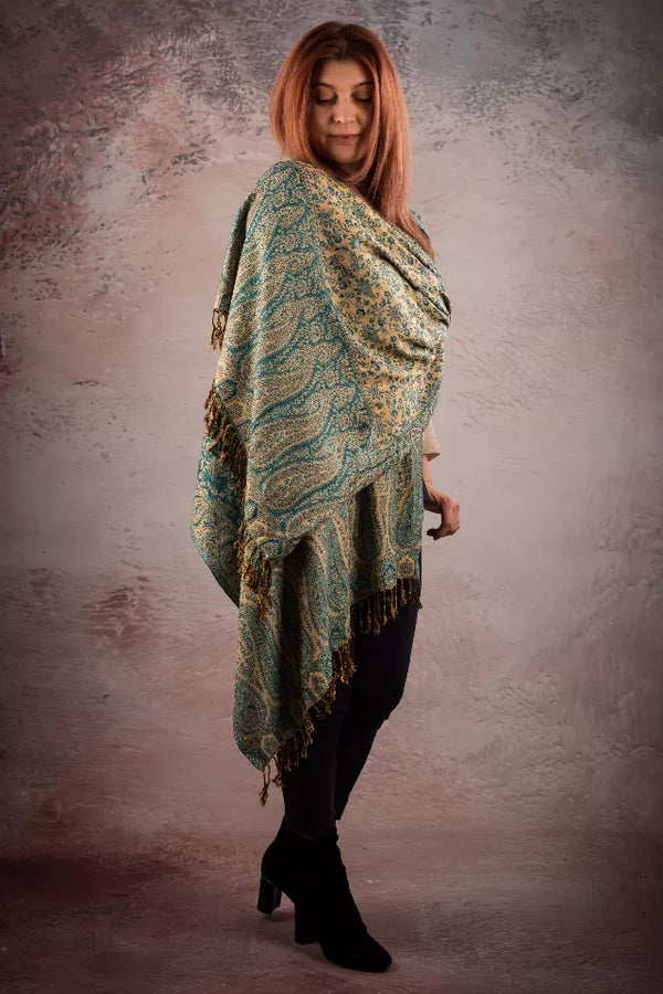 Eșarfă Cașmir reversibilă Paisley India, verde-bej