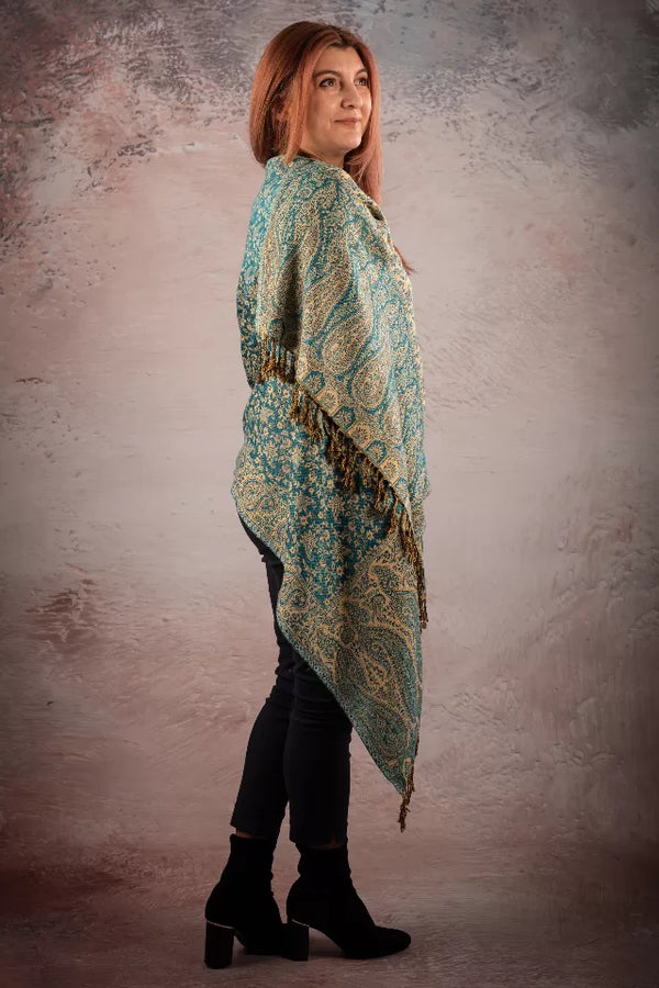 Eșarfă Cașmir reversibilă Paisley India, verde-bej