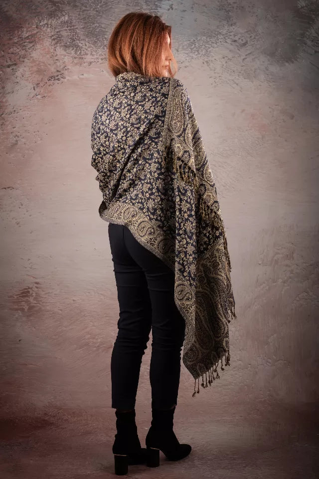 Eșarfă Cașmir reversibilă Paisley India, maro inchis-bej