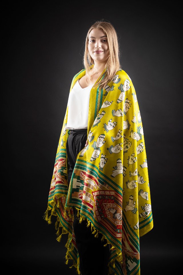 Esarfa Tussar galbenă cu motive indiene