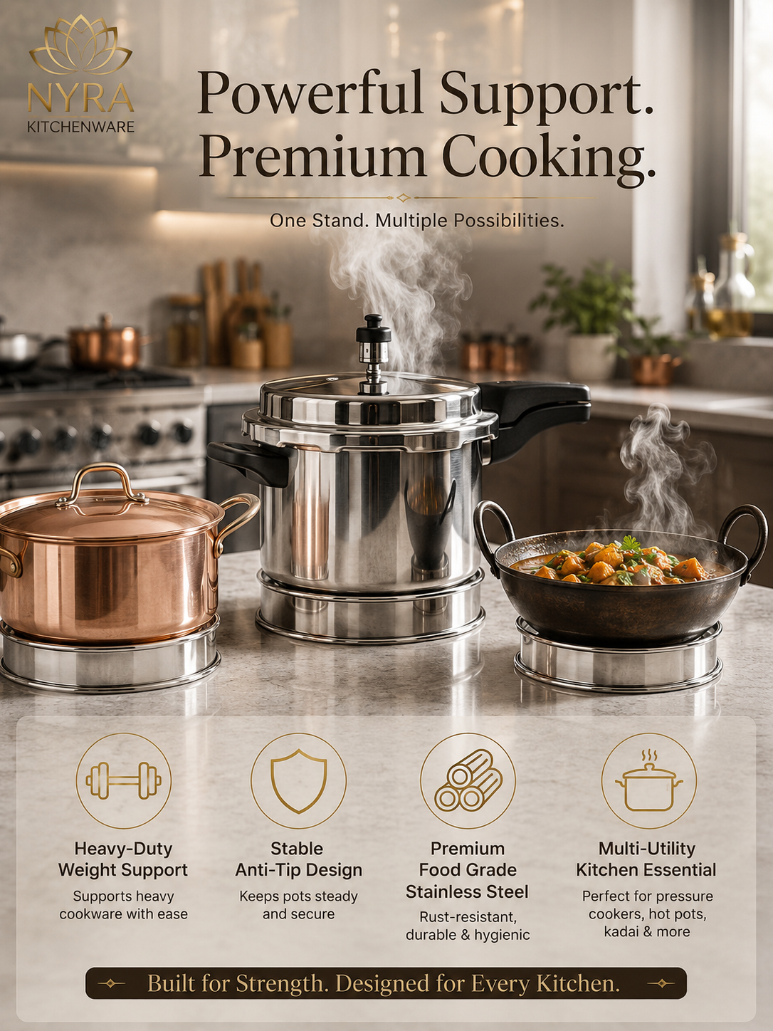 Stainless Steel Round Hot Pot Stand, Matka Ring for Kitchen – Set of 3