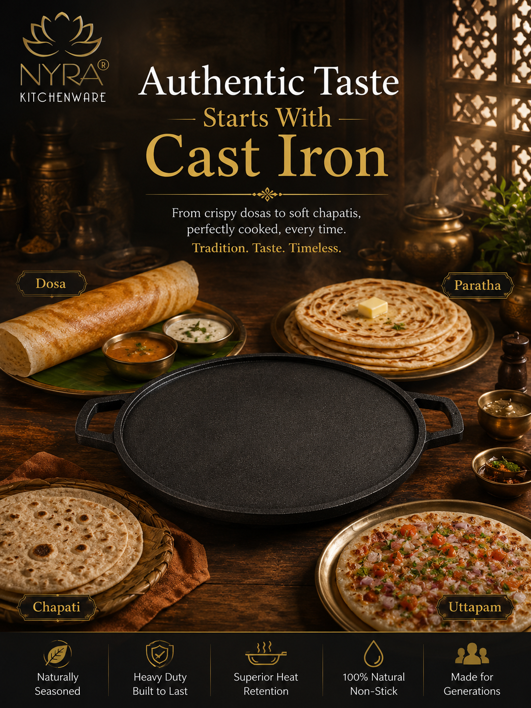 Cast Iron Dosa & Chapati Tawa | Pre-Seasoned, No Coating, All Stove Types