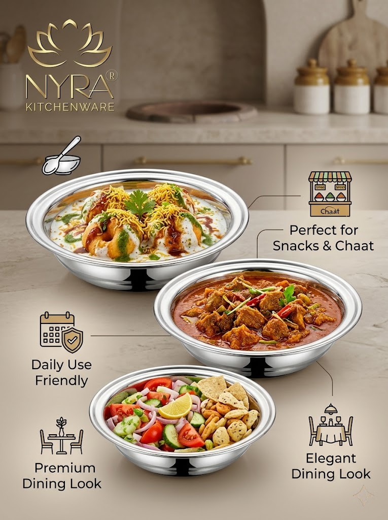 Deep Stainless Steel Multipurpose Bowls - Set of 6 for Serving & Dining