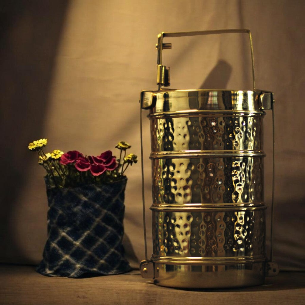 Handmade Hammered Brass 3-Tier Lunch Box (Traditional Tiffin Carrier)
