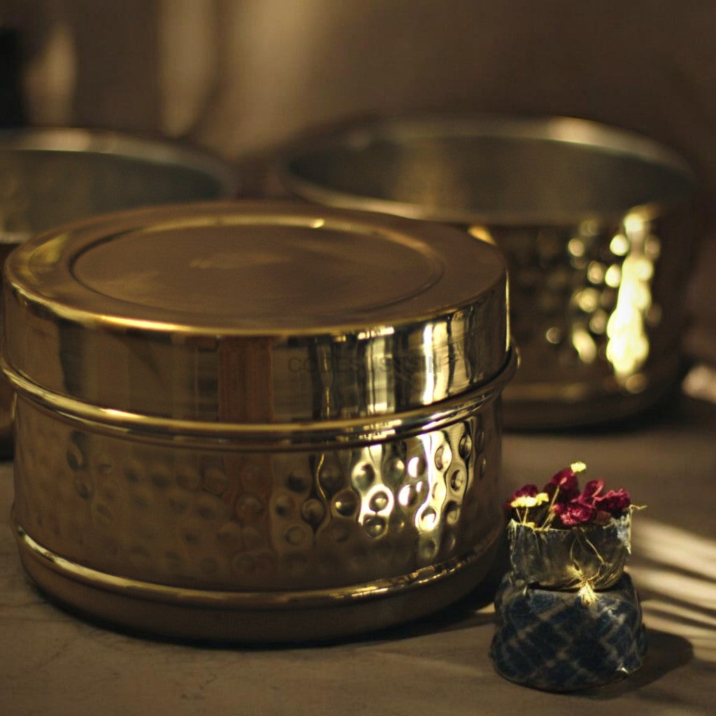 Handmade Hammered Brass 3-Tier Lunch Box (Traditional Tiffin Carrier)