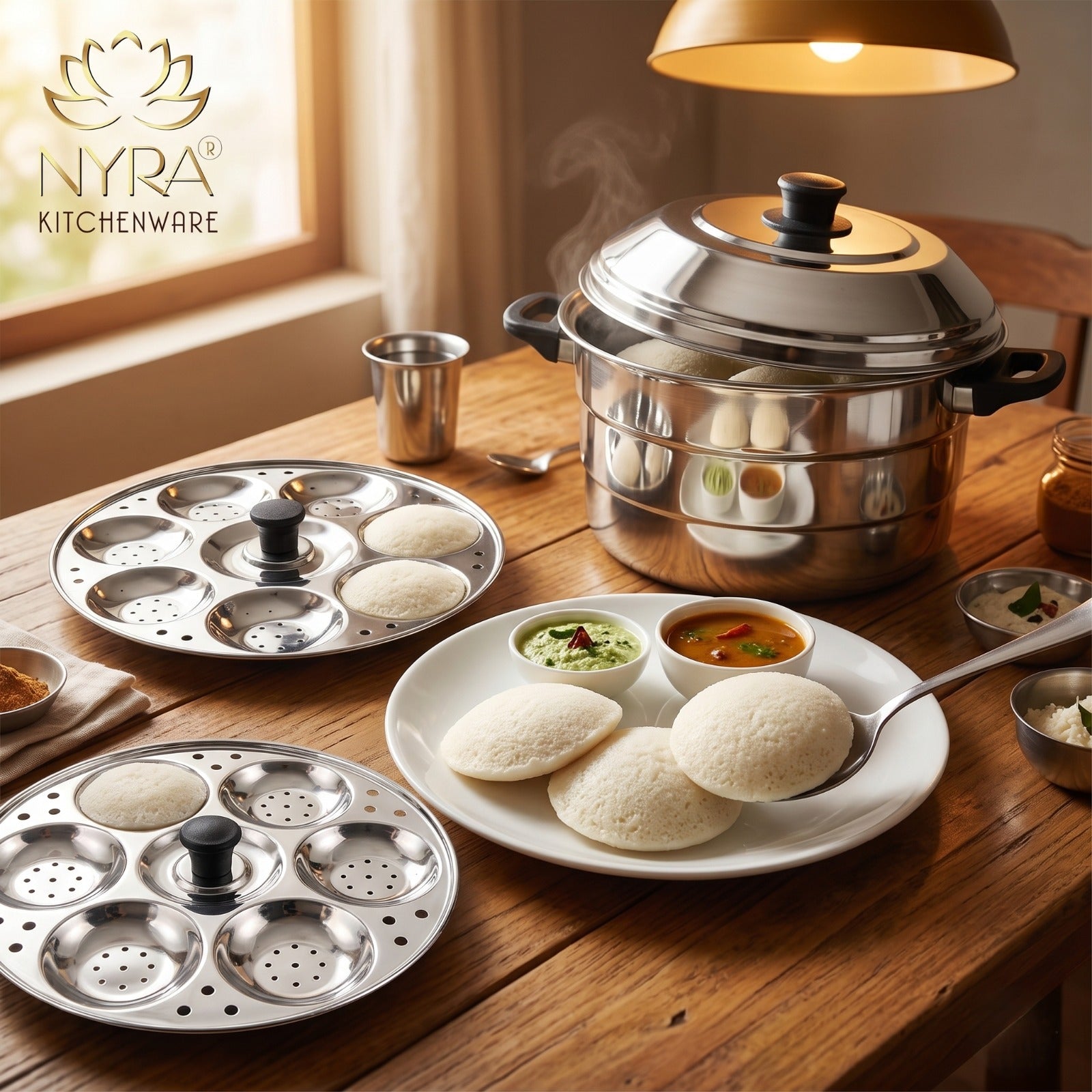 Nyra Kitchenware stainless steel cookware set on a wooden table with food.