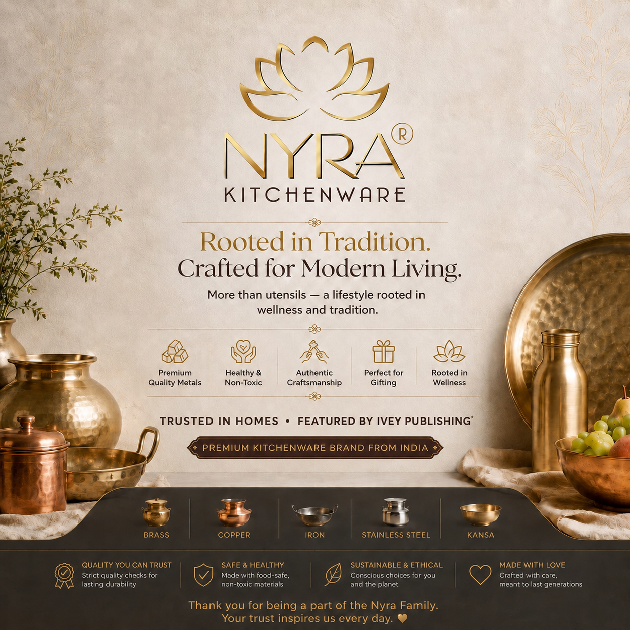 Nyra Kitchenware advertisement with gold kitchenware items and brand logo.