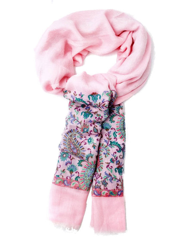 Esarfa-sal din lana pashmina roz cu broderie fina