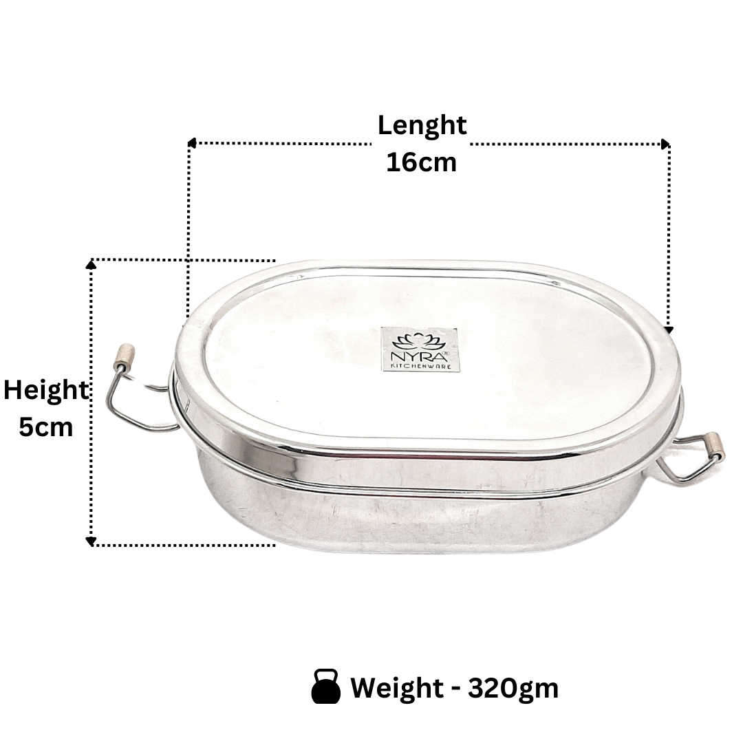 Dimensions of Stainless Steel Oval-shaped Lunch Box with Leakproof Dibbi