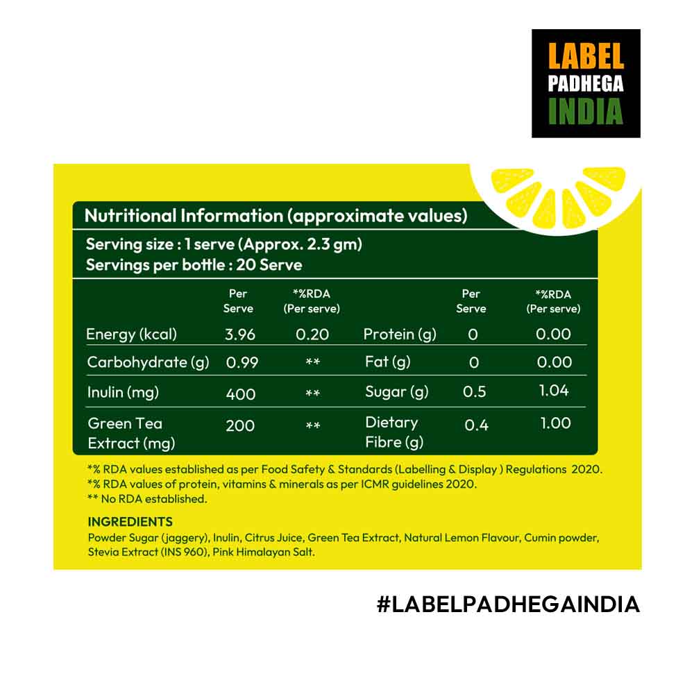 Nimbu Masala-Prebiotic Lemon Iced Green Tea with only 0.5gms Jaggery -20 sachets