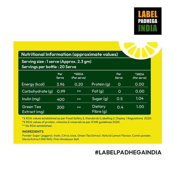 Nimbu Masala-Prebiotic Lemon Iced Green Tea with only 0.5gms Jaggery -20 sachets