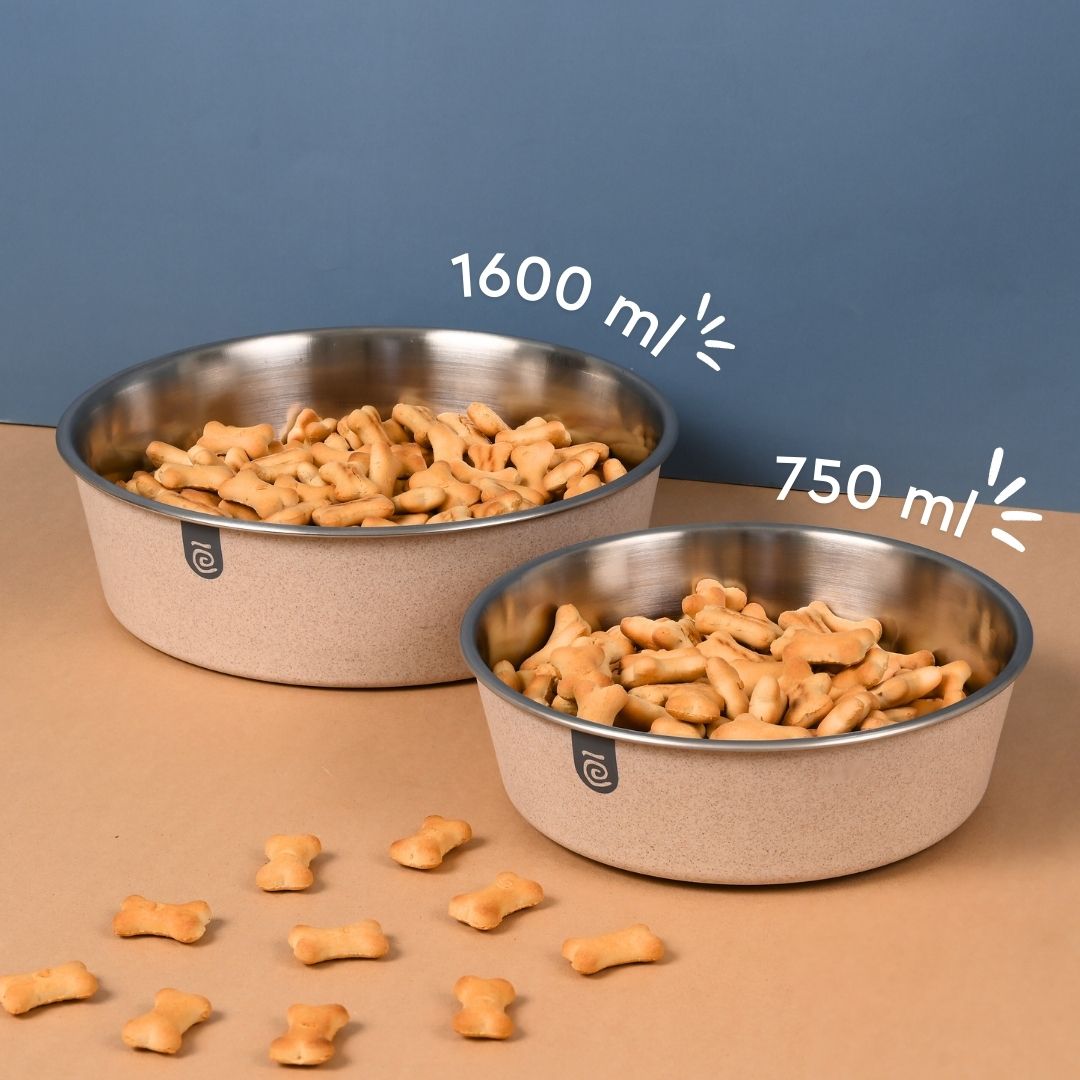 Earth Friendly Bella Pet Bowls | Set of 2 | 1600 ml + 750 ml | Steel Bowl for Dog | Made with Rice Husk | Dog Bowl Large Size