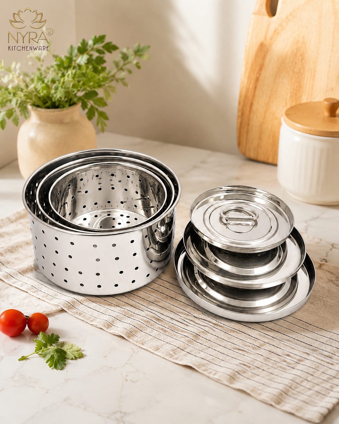 Stainless Steel Round Paneer Mould & Press Set (3 Pcs) - Glossy, Food-Grade for Homemade Cheese