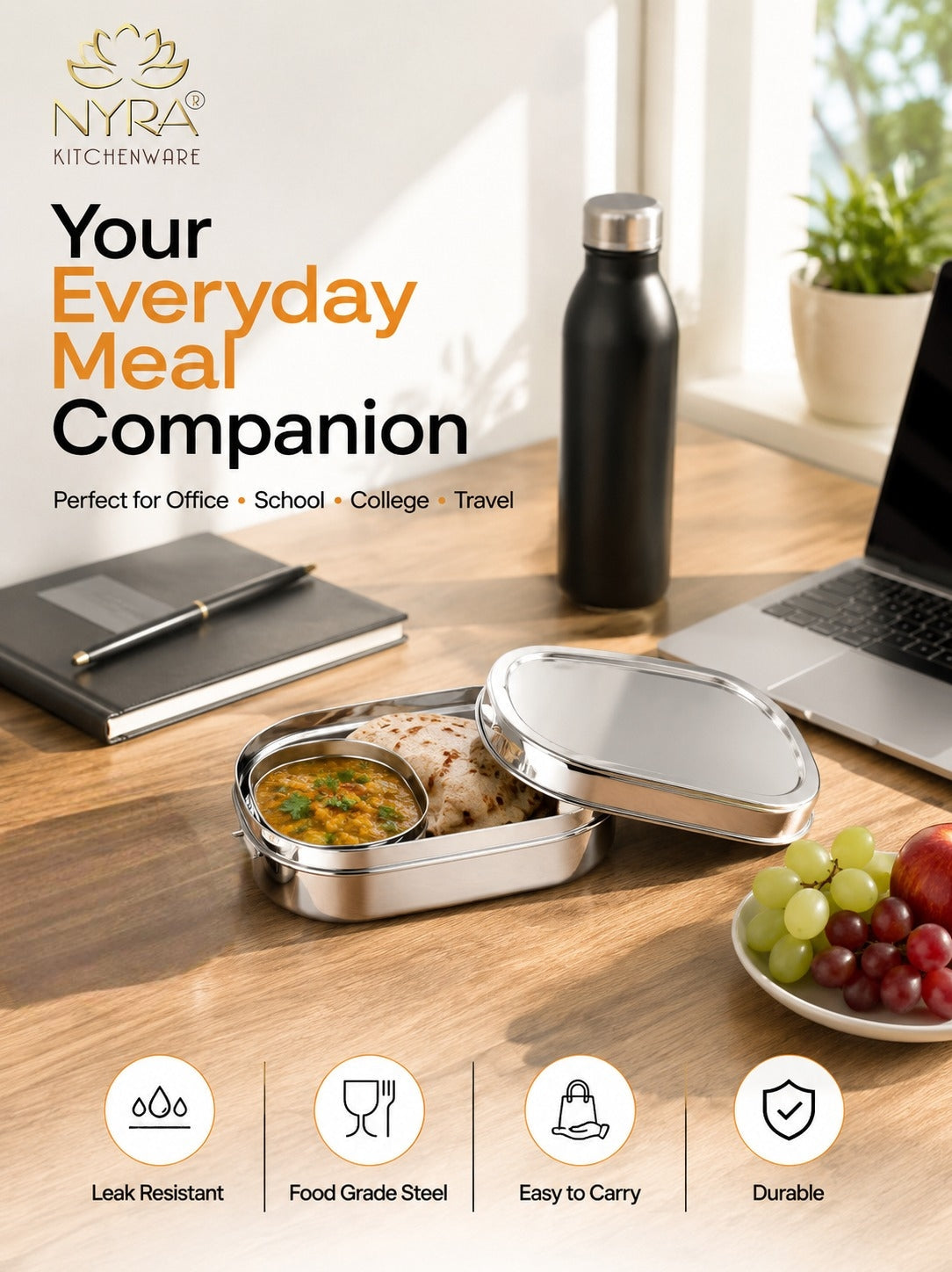 Stainless Steel Rectangle Lunch Box with 1 Small Box