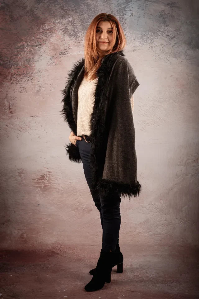 Sal pasmina gri antracit cu blanita artificiala neagra India