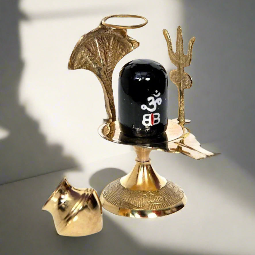 Pure Brass Shivling with Black Lingam, Trishul & Kalash 
