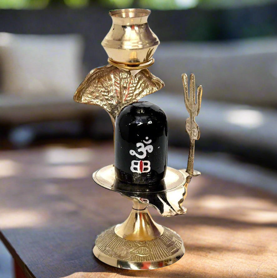 Pure Brass Shivling with Black Lingam, Trishul & Kalash 