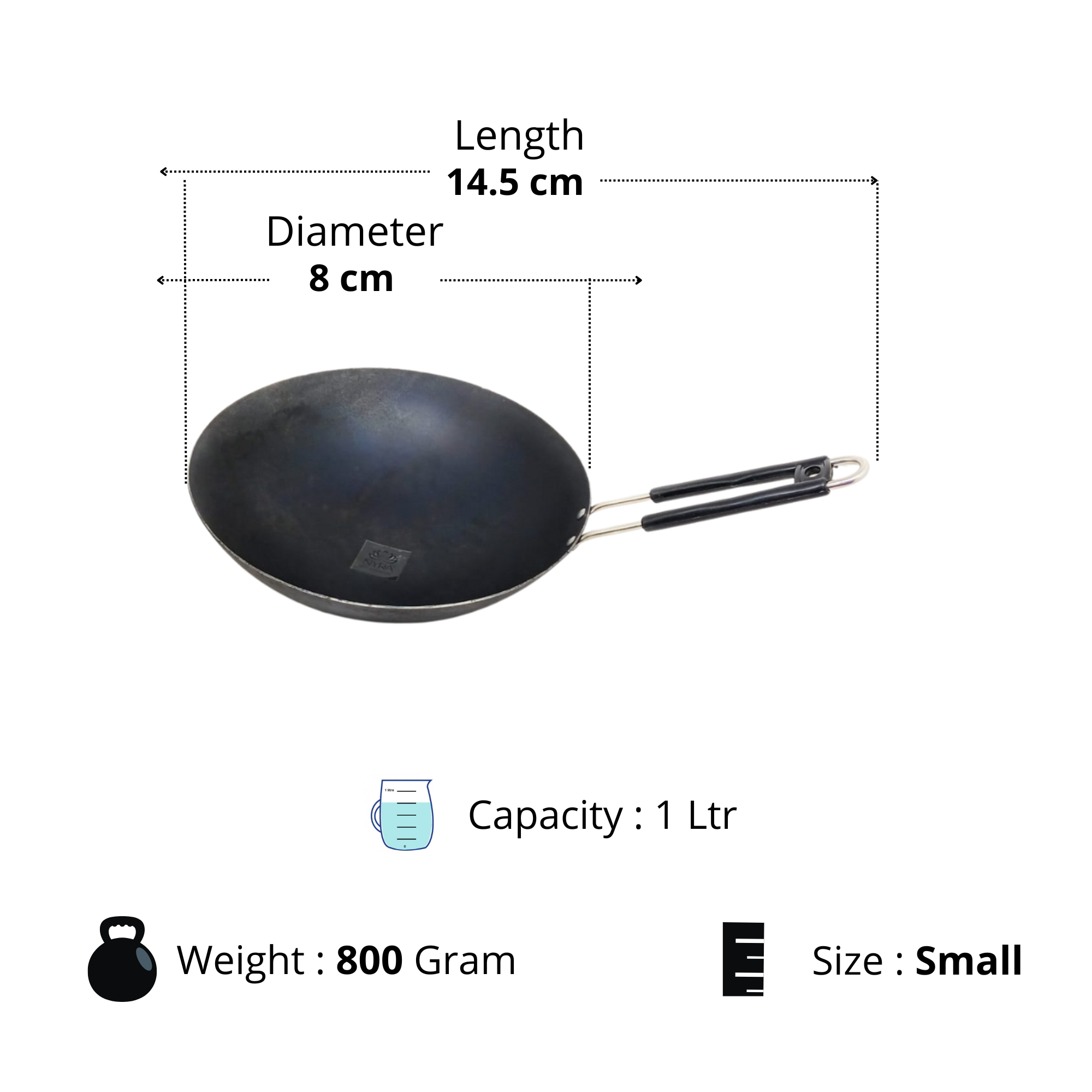 Dimensions of small  Iron Chinese Wok with Steel Handle