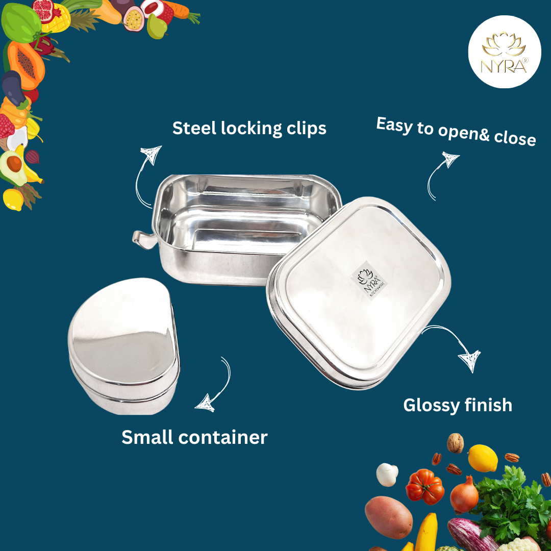 stainless steel lunch box Stainless Steel Lunch Box with locking clips
nyra stainless steel lunch box