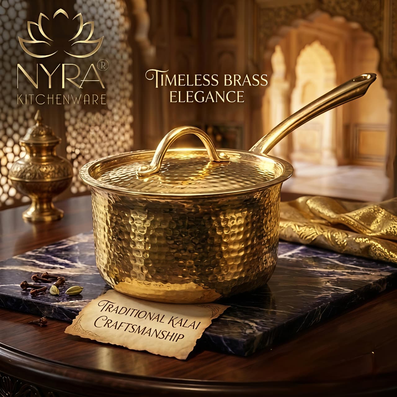 Premium Brass Hammered Saucepan with Traditional Kalai (Tin) Coating & Lid - Handcrafted Indian Cookware for Gourmet Cooking & Luxury Gifting (Small/Medium/Large Sizes)