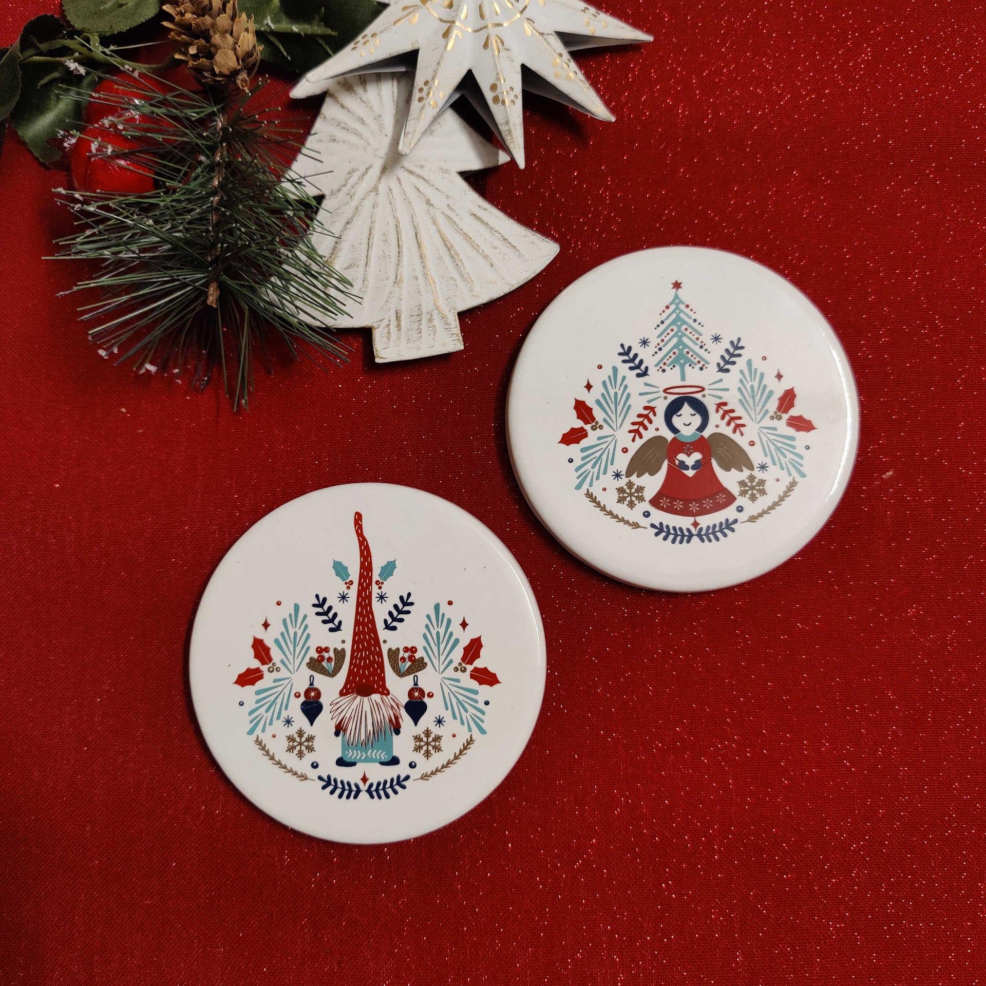 Xmas coaster - angel & gnomes set of 2